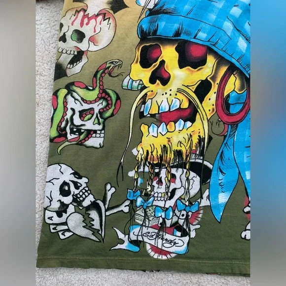 Vintage Y2K Ed Hardy Christian Audigier Men’s Size Extra Large XL AOP Skull Tee - Picture 6 of 9